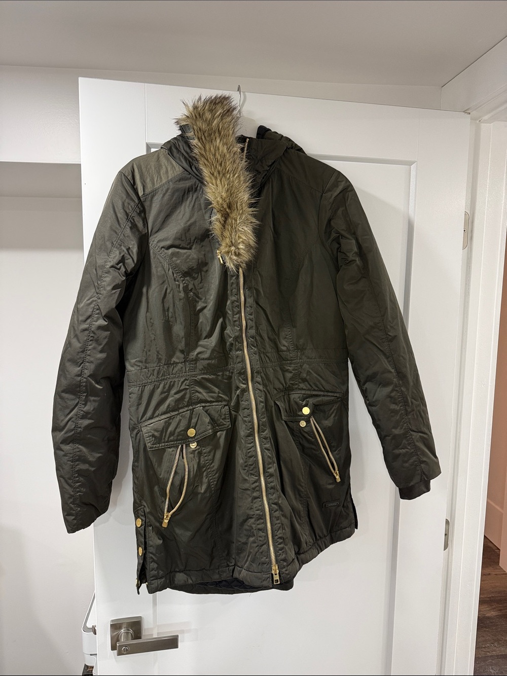 Athleta Dark Olive Hooded Parka with Faux Fur Trim